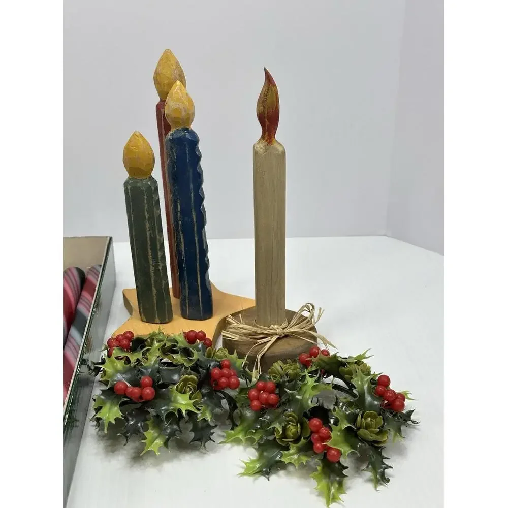 Vintage Lot Christmas Holiday Seasonal‎ Candles Holly 2 Gurley Candle Pillar
